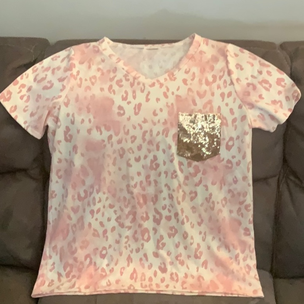 Luna Pink Leopard Print T-Shirt with Sequin Pocket